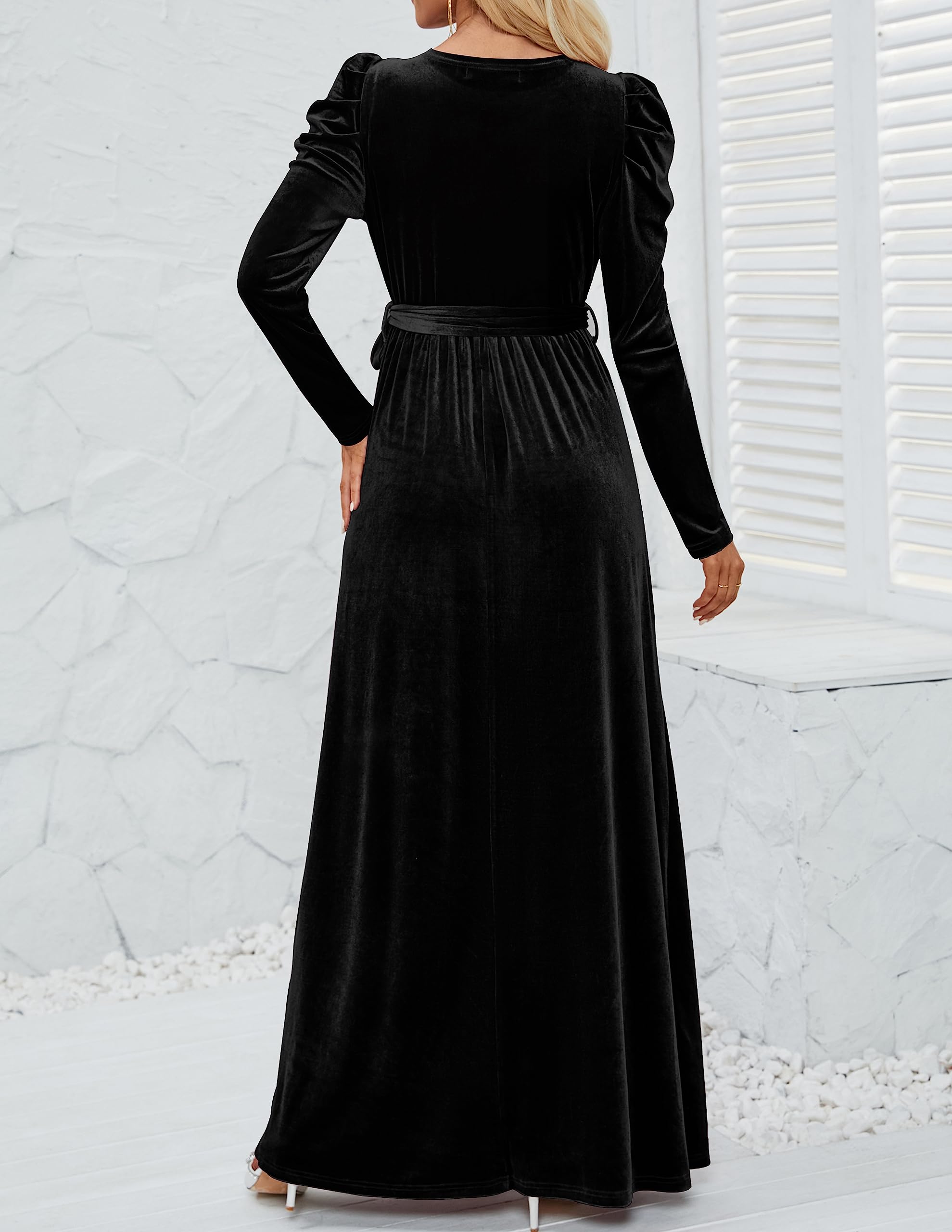 DingJiDress Wedding Guest Dress Women's Velvet Maxi Dress Long Puff Sleeve Crew Neck Elastic High Waist Cocktail Party Formal Wear Dresses Evening Dress