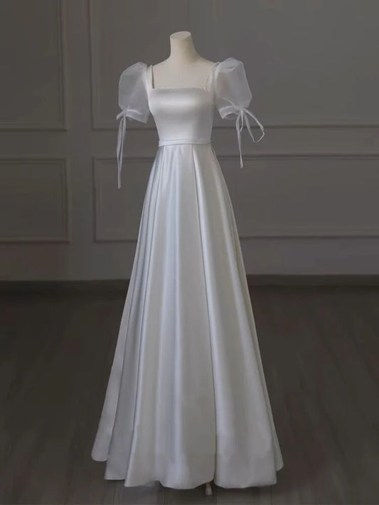 DingJiDress Formal Women's Dresses A Line Elegant Satin Square Neck Short Sleeves Long Wedding Dress