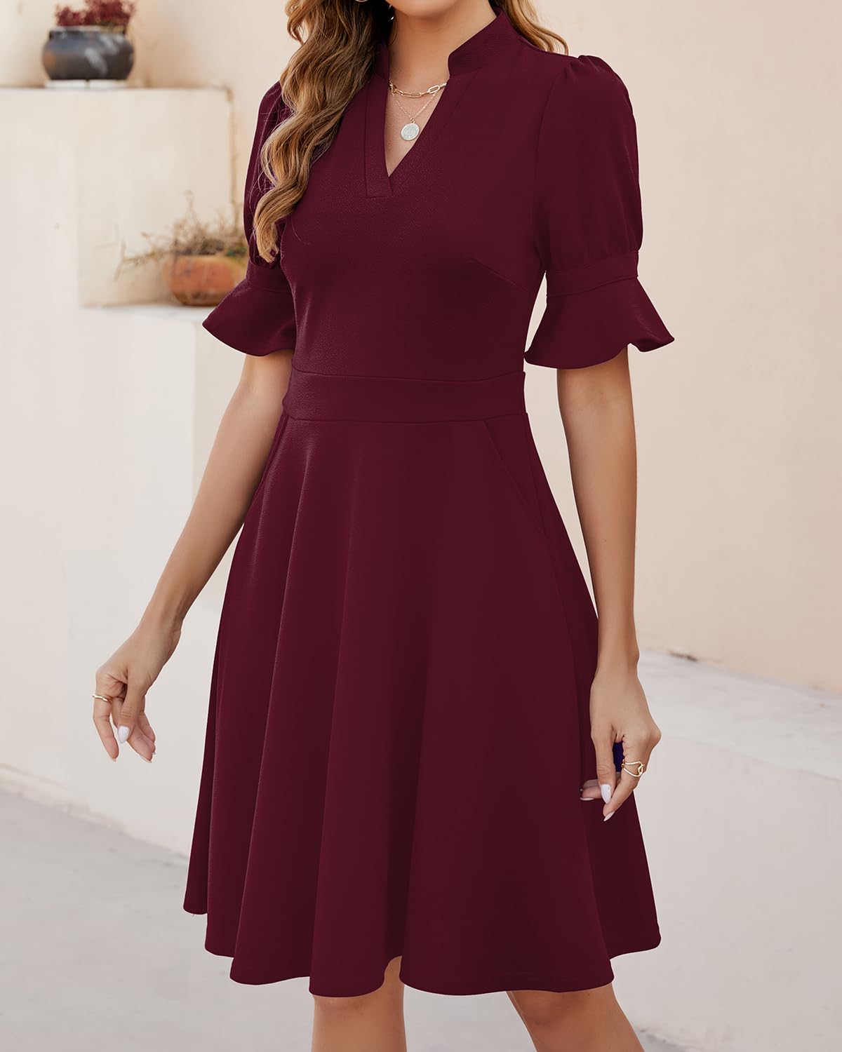 DingJiDress Wedding Guest Dress V Neck Ruffle Short Sleeve Fit and Flare Knee Length Church Wedding Guest Dresses with Pockets Formal Wear Dresses Evening Dress