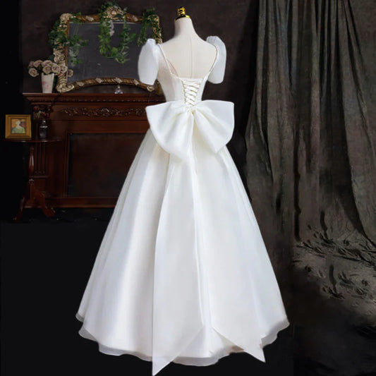 DingJiDress Formal Women's Dresses Heart-shaped collar Short Sleeves Back bow Long Fantastic Wedding Dress