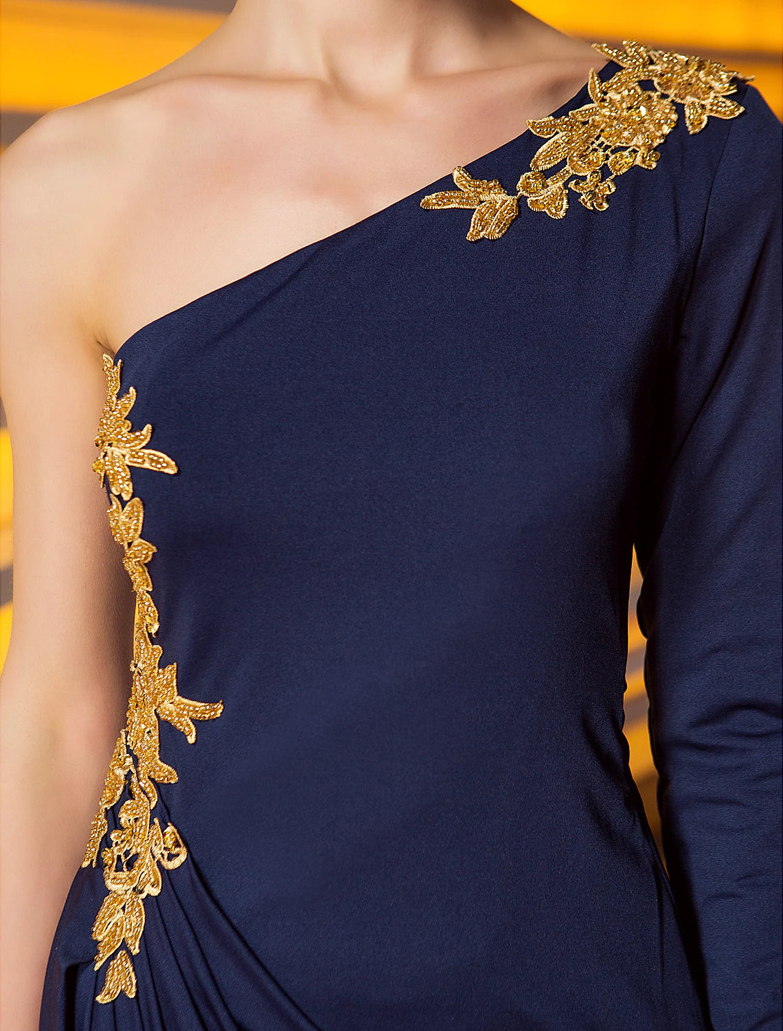 Sheath / Column Celebrity Style Party Wear Formal Evening Dress One Shoulder Long Sleeve Ankle Length Jersey with Beading Draping Appliques