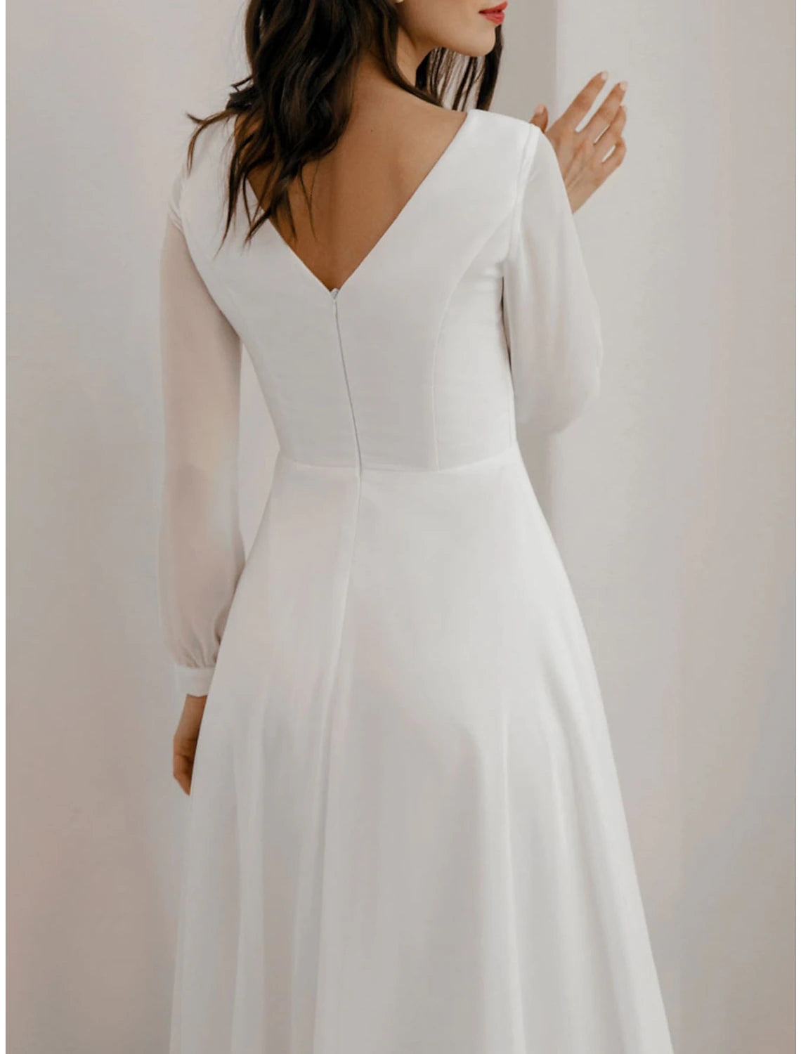 A-Line Cocktail Dresses Little White Dresses Dress Wedding Reception Tea Length Long Sleeve Jewel Neck Fall Wedding Guest Cotton V Back with Ruffles Pure Color