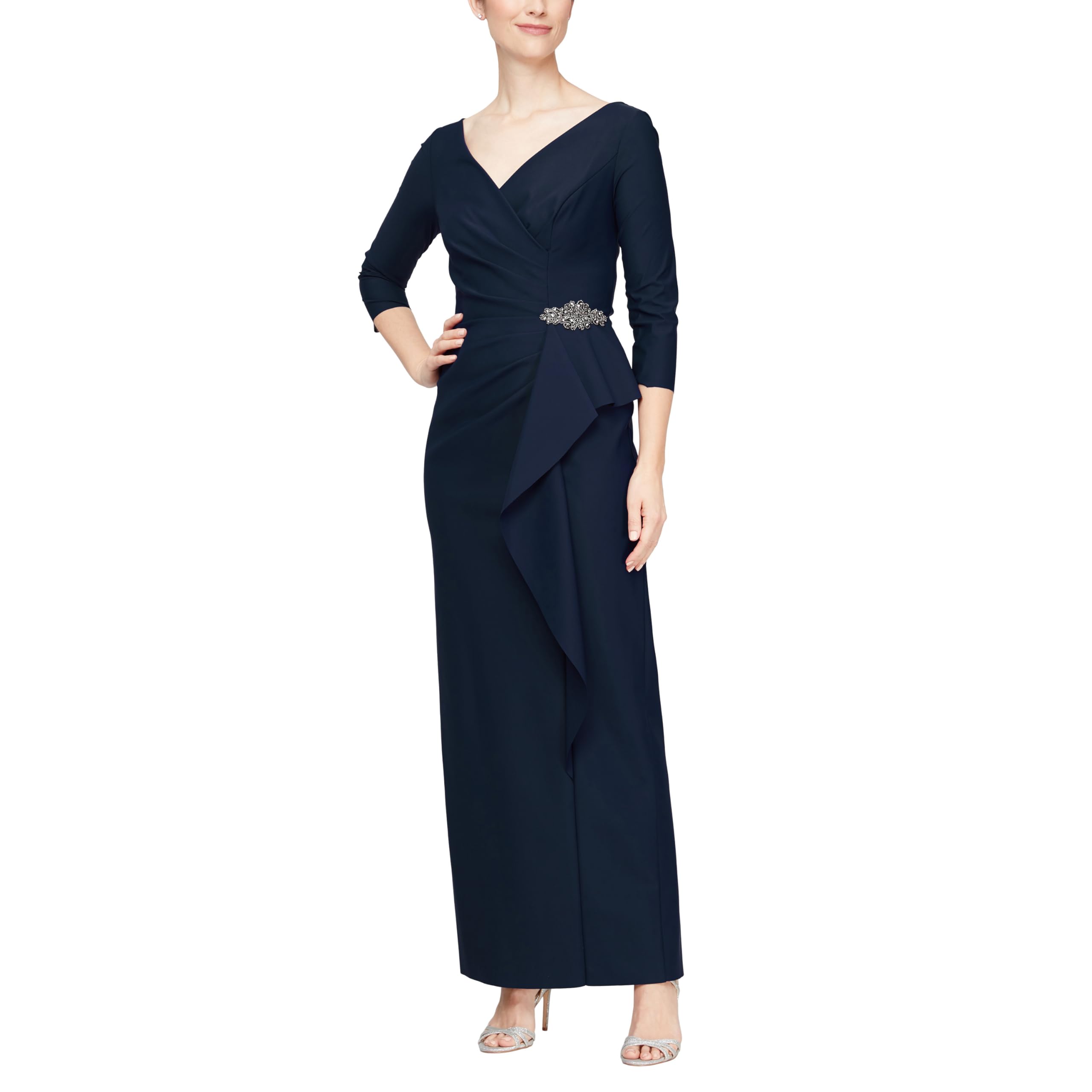 DingJiDress Mother of the Groom / Bride Dresses Slimming Long Length Long Sleeve Cascade Ruffle Skirt and Side Ruching Formal Dresses Wedding Guest Dress