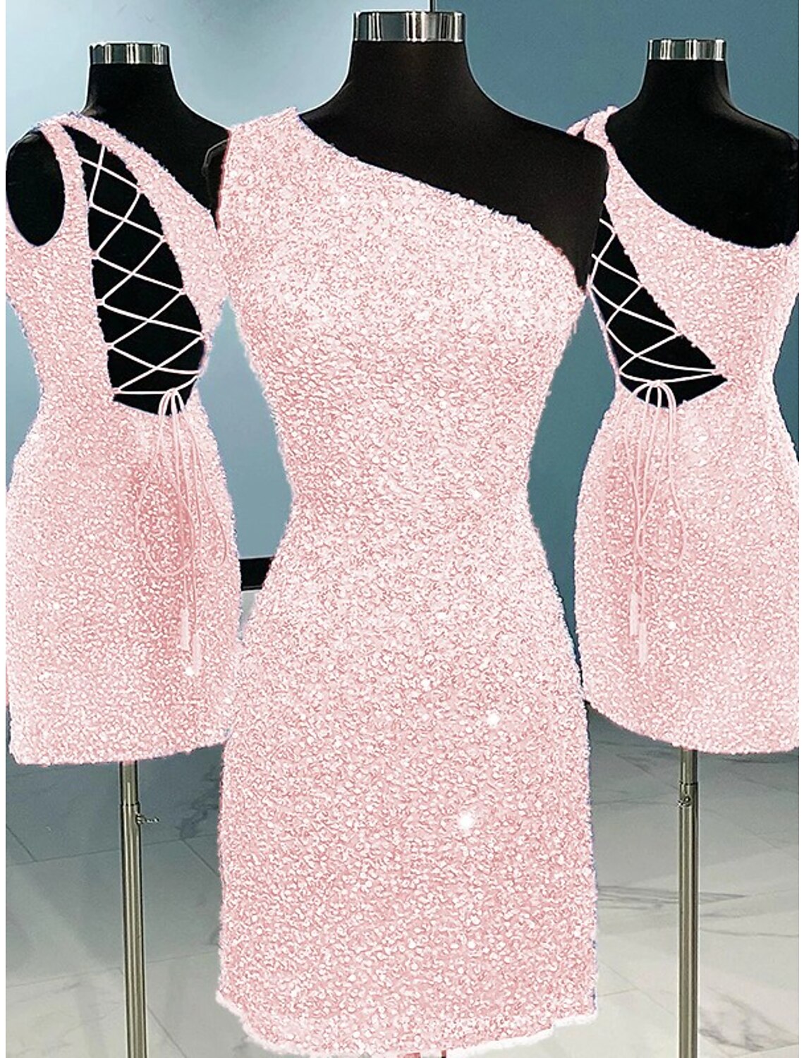 A-Line Short / Mini One Shoulder Sheath / Column Homecoming Dresses Sparkle & Shine Dress Holiday Sleeveless Sequined with Glitter Strappy