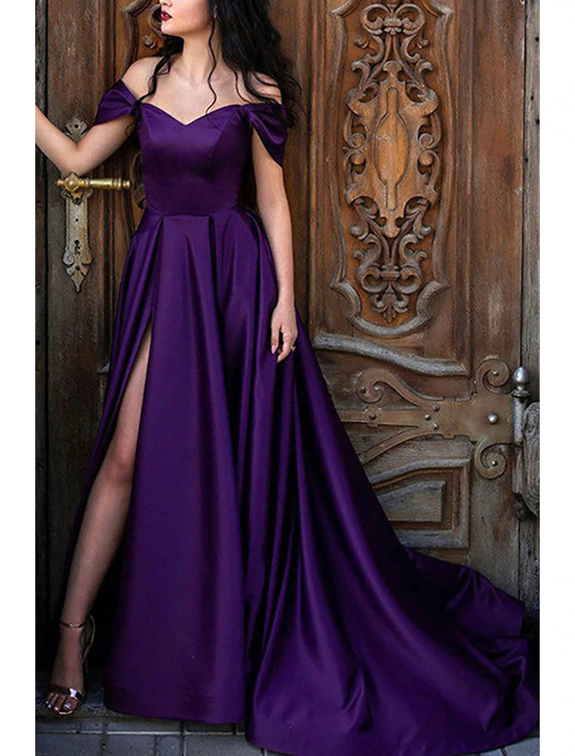 A-Line Prom Dresses Princess Dress Formal Sweep / Brush Train Sleeveless Off Shoulder Satin with Pleats Slit