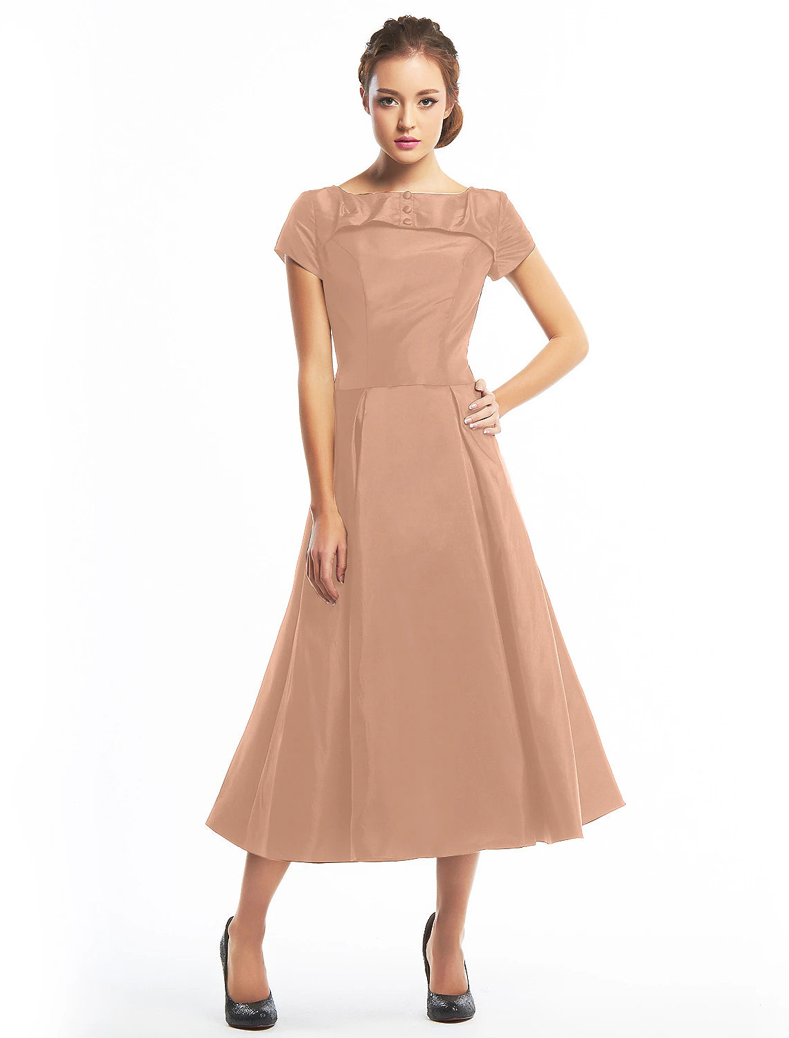 A-Line Vintage Dress Homecoming Wedding Guest Tea Length Short Sleeve Boat Neck Taffeta with Buttons
