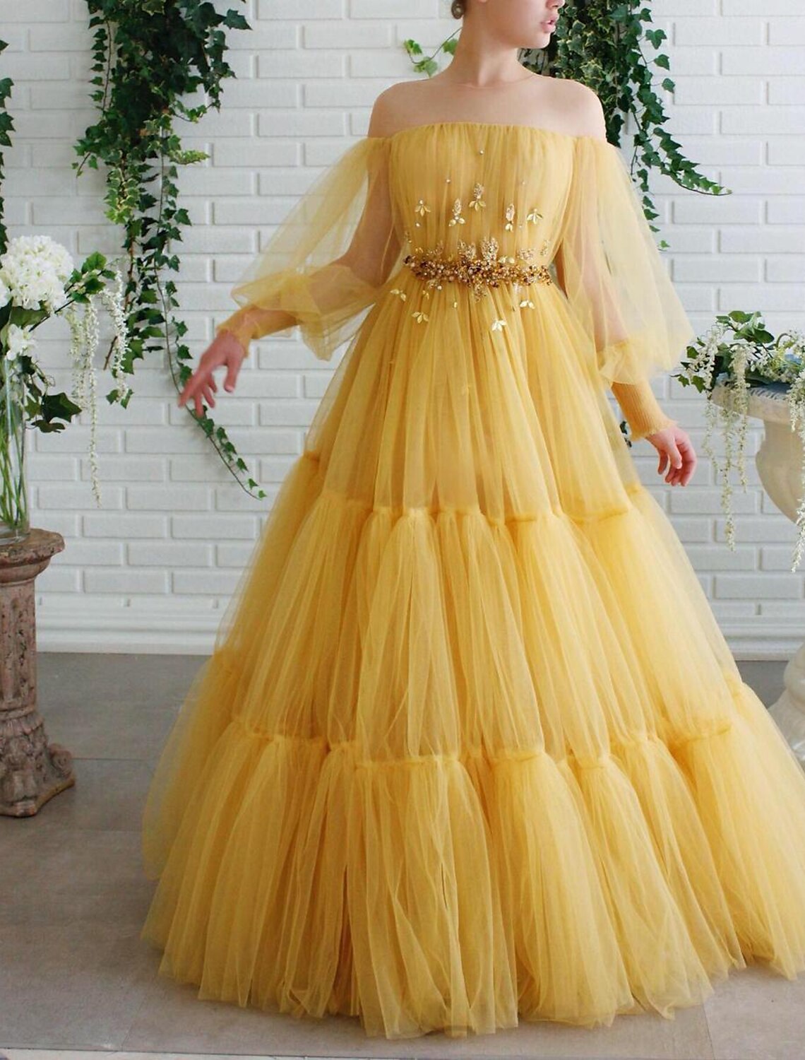 Ball Gown Prom Dresses Elegant Dress Wedding Guest Prom Floor Length Long Sleeve Illusion Neck Tulle with Beading Appliques