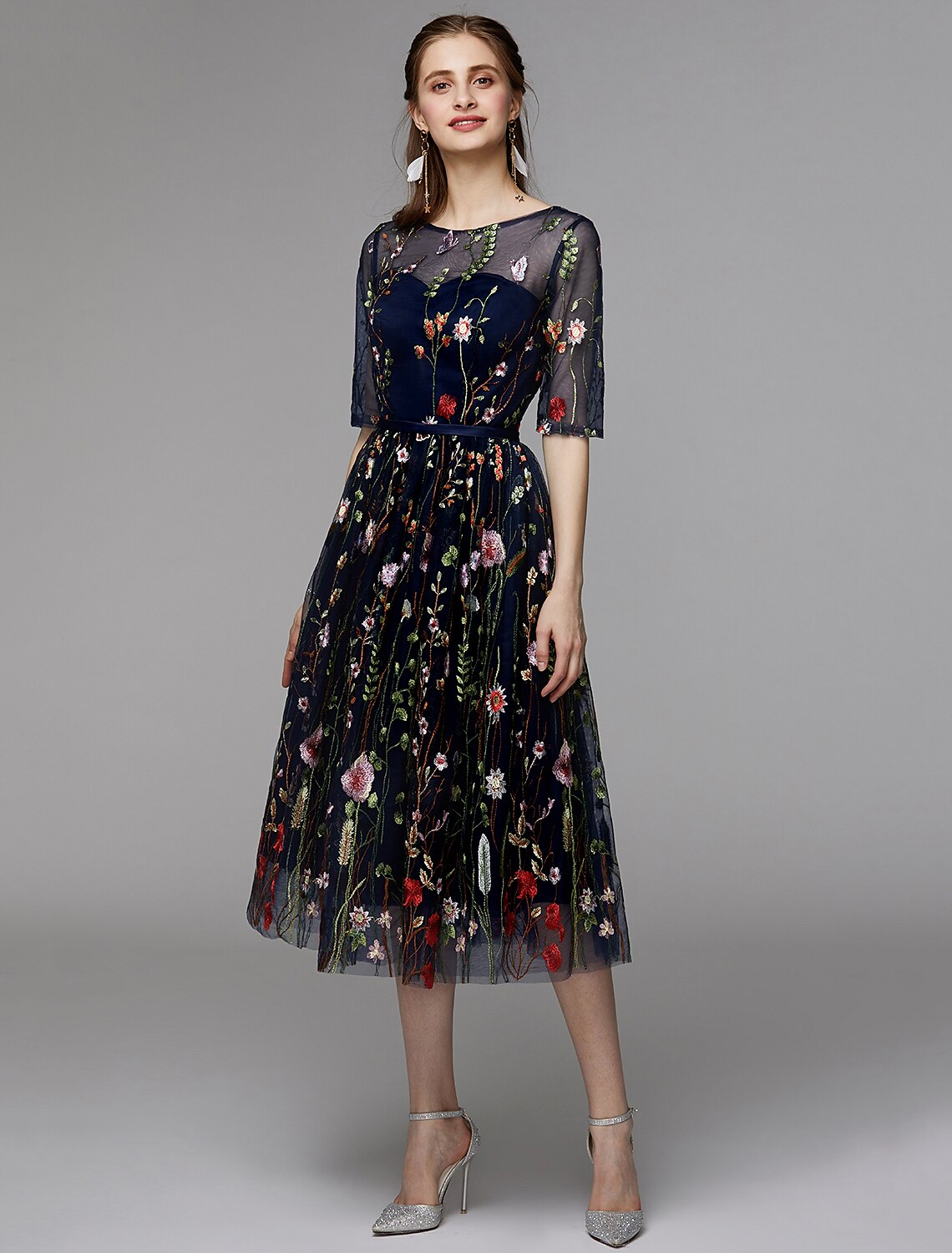 A-Line Party Dress Holiday Tea Length Half Sleeve Illusion Neck Fall Wedding Guest Organza with Embroidery Appliques