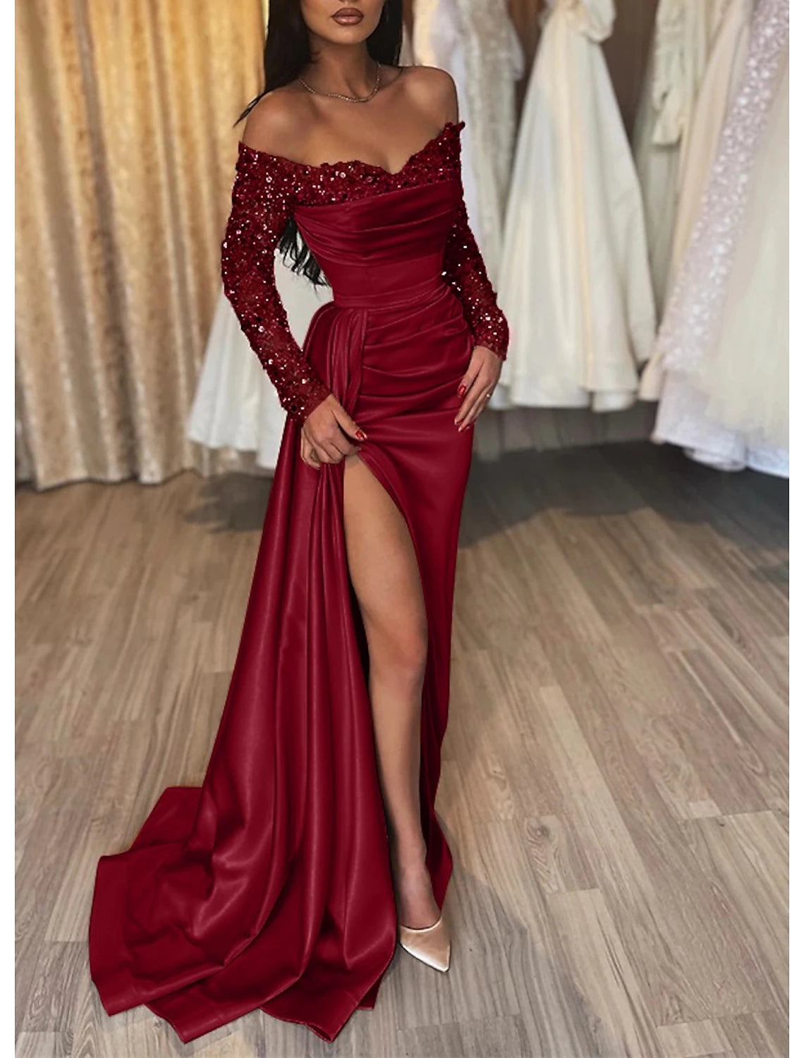 Mermaid Black Dress Evening Gown Ruched Sequin Dress Formal Sparkle Wedding Party Court Train Long Sleeve Off Shoulder Fall Wedding Reception Satin with Slit