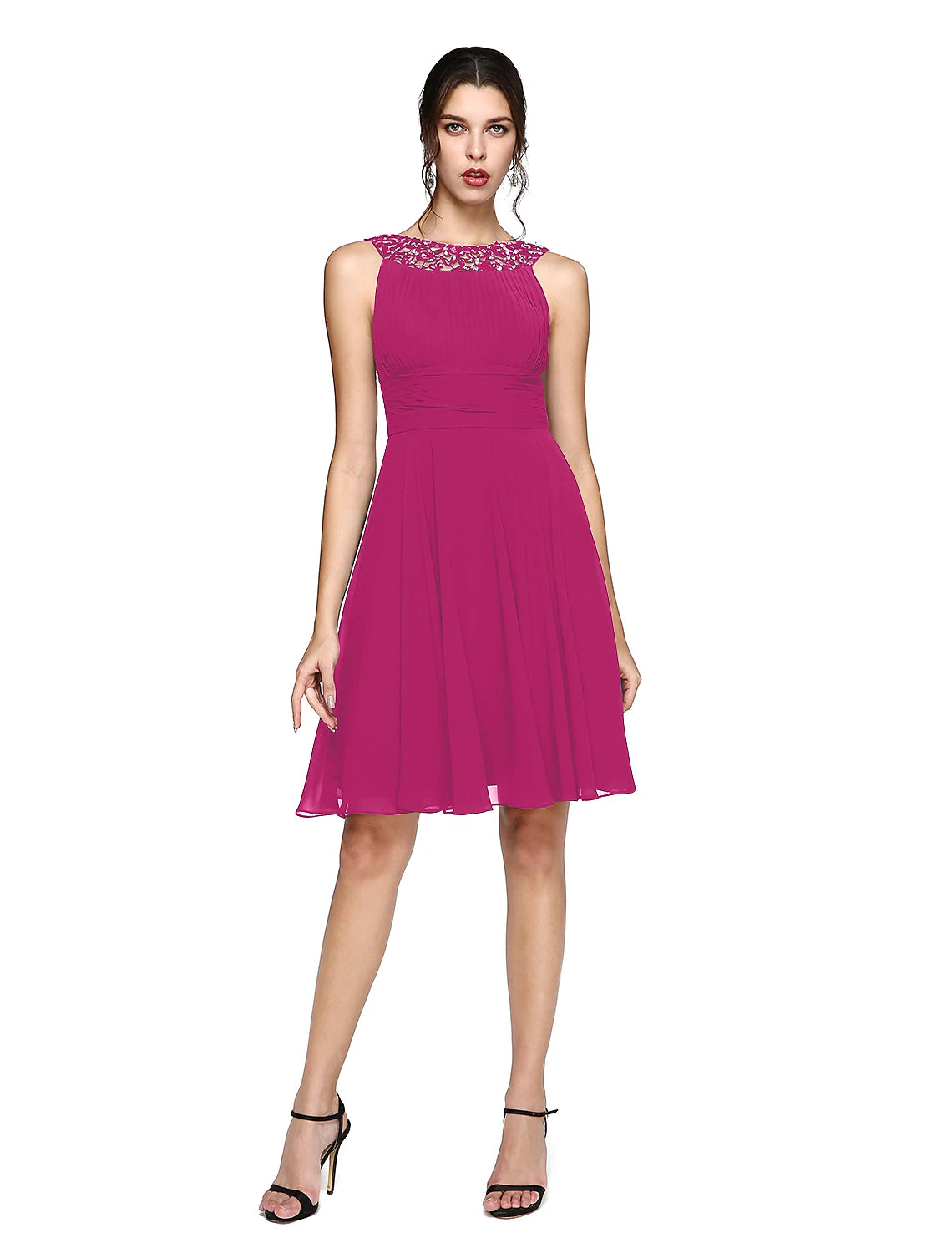 A-Line Cocktail Dresses Party Dress Wedding Guest Cocktail Party Knee Length Sleeveless Illusion Neck Chiffon with Ruched Sequin Lace