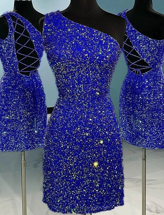 A-Line Short / Mini One Shoulder Sheath / Column Homecoming Dresses Sparkle & Shine Dress Holiday Sleeveless Sequined with Glitter Strappy