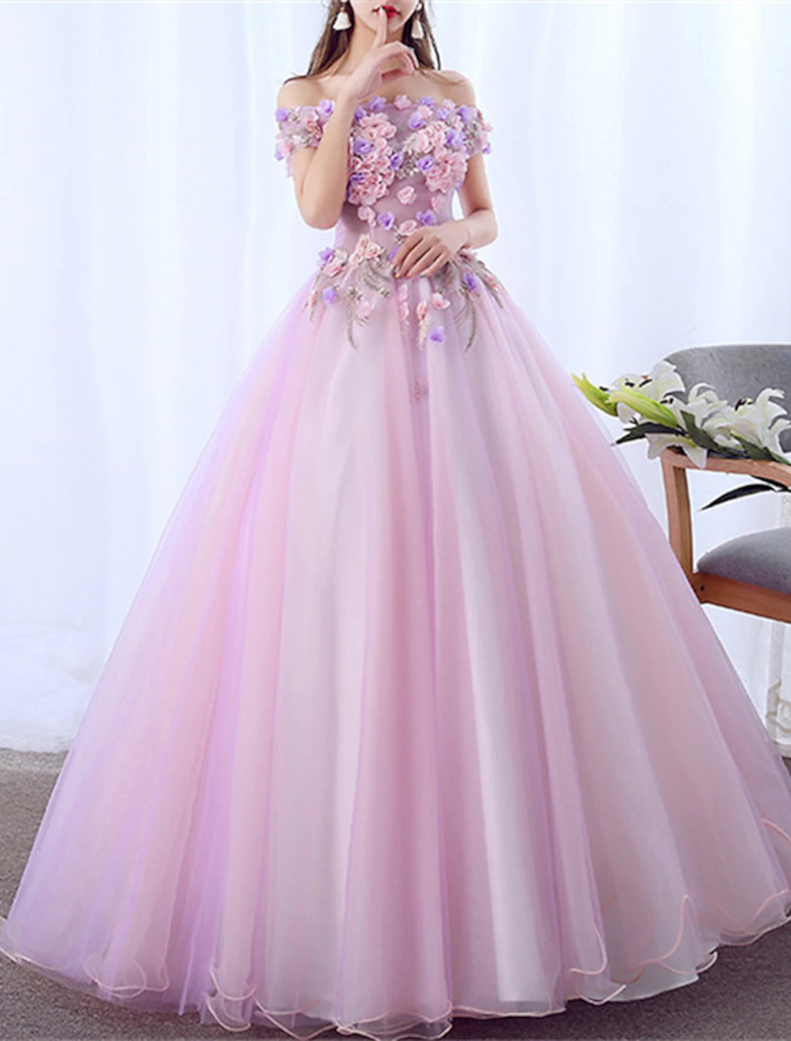 Ball Gown Quinceanera Dresses Princess Dress Performance Sweet 16 Floor Length Short Sleeve Off Shoulder Polyester with Appliques