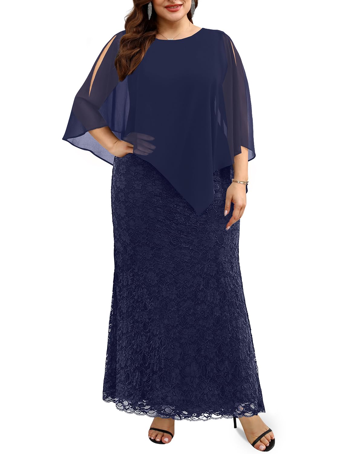 DingJiDress Mother of the Groom / Bride Dresses Plus Size Cape Dress with Chiffon Overlay Gown Lace Long Mermaid Dresses Formal Dresses Wedding Guest Dress