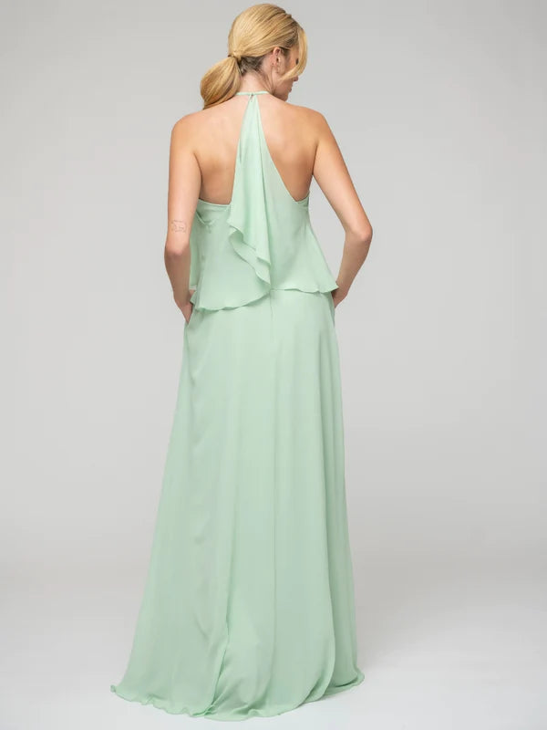 Ruffles Bodice Halter Chiffon Bridal Party Dresses With Ribbon