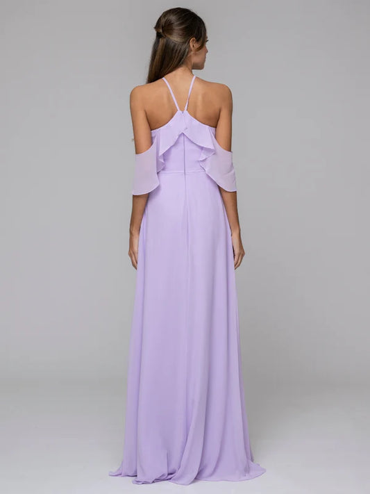 DingJiDress Halter Ruffles Off The Shoulder Chiffon Floor Length Bridesmaid Dresses