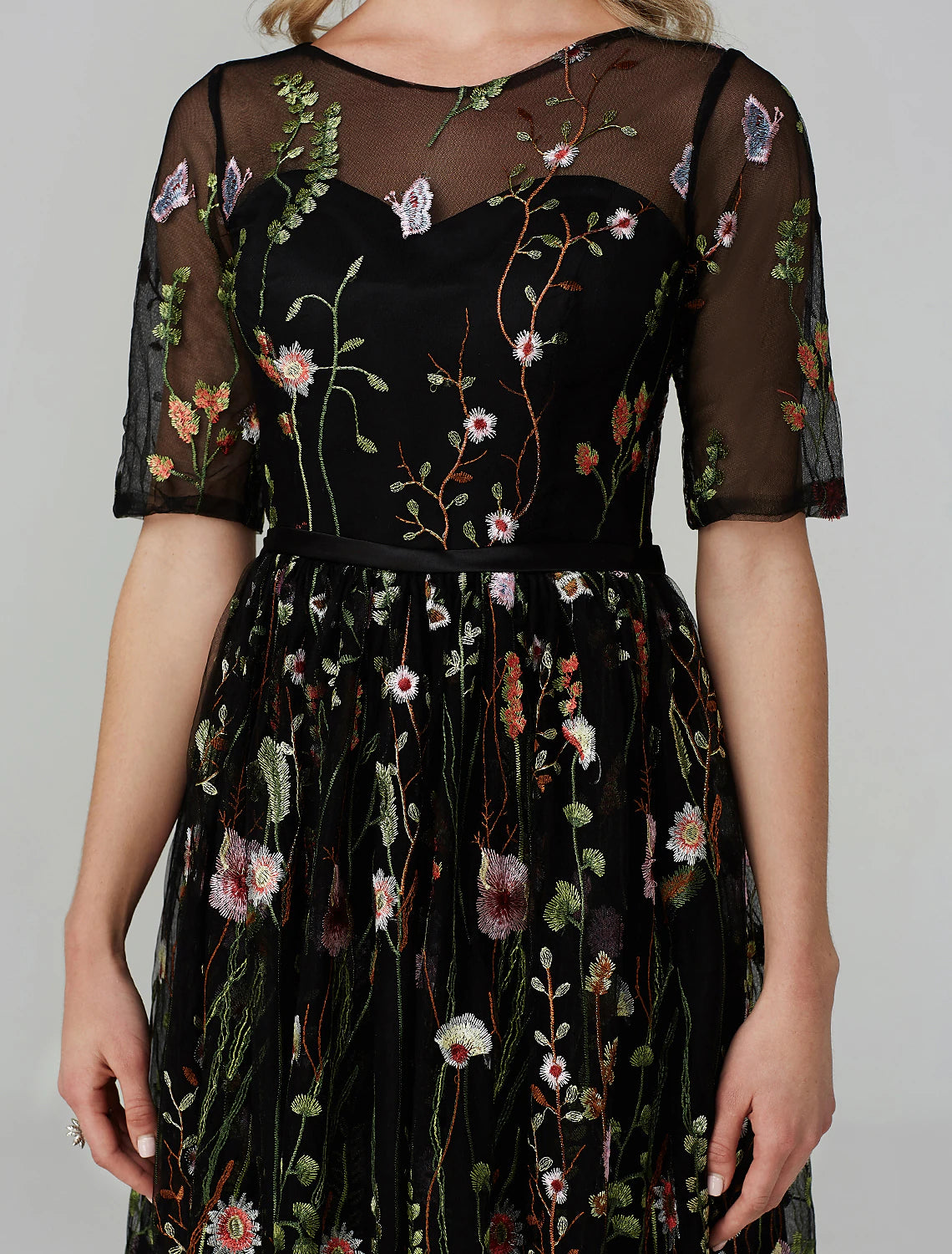 A-Line Party Dress Holiday Tea Length Half Sleeve Illusion Neck Fall Wedding Guest Organza with Embroidery Appliques