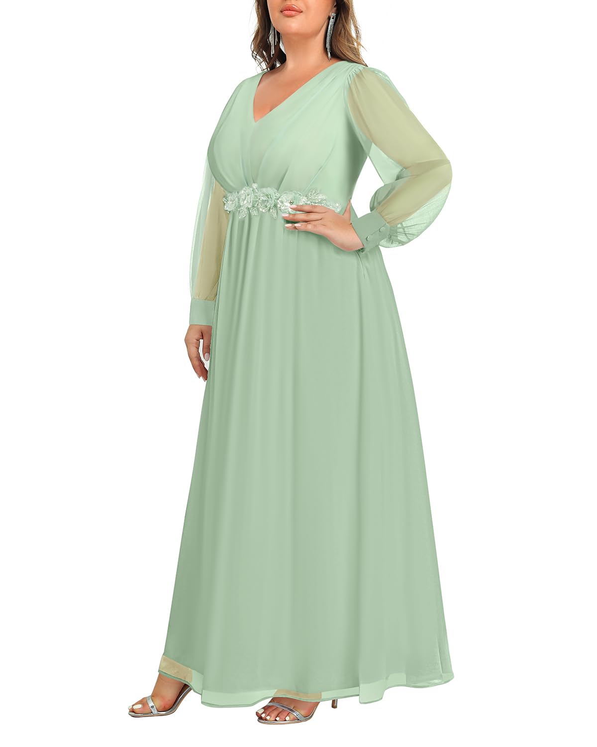 Mother of the Bride or Groom Dresses Fashion Women Plus Size Long Sleeve Applique Chiffon Maxi Dress Formal Dress Wedding Guests Dresses