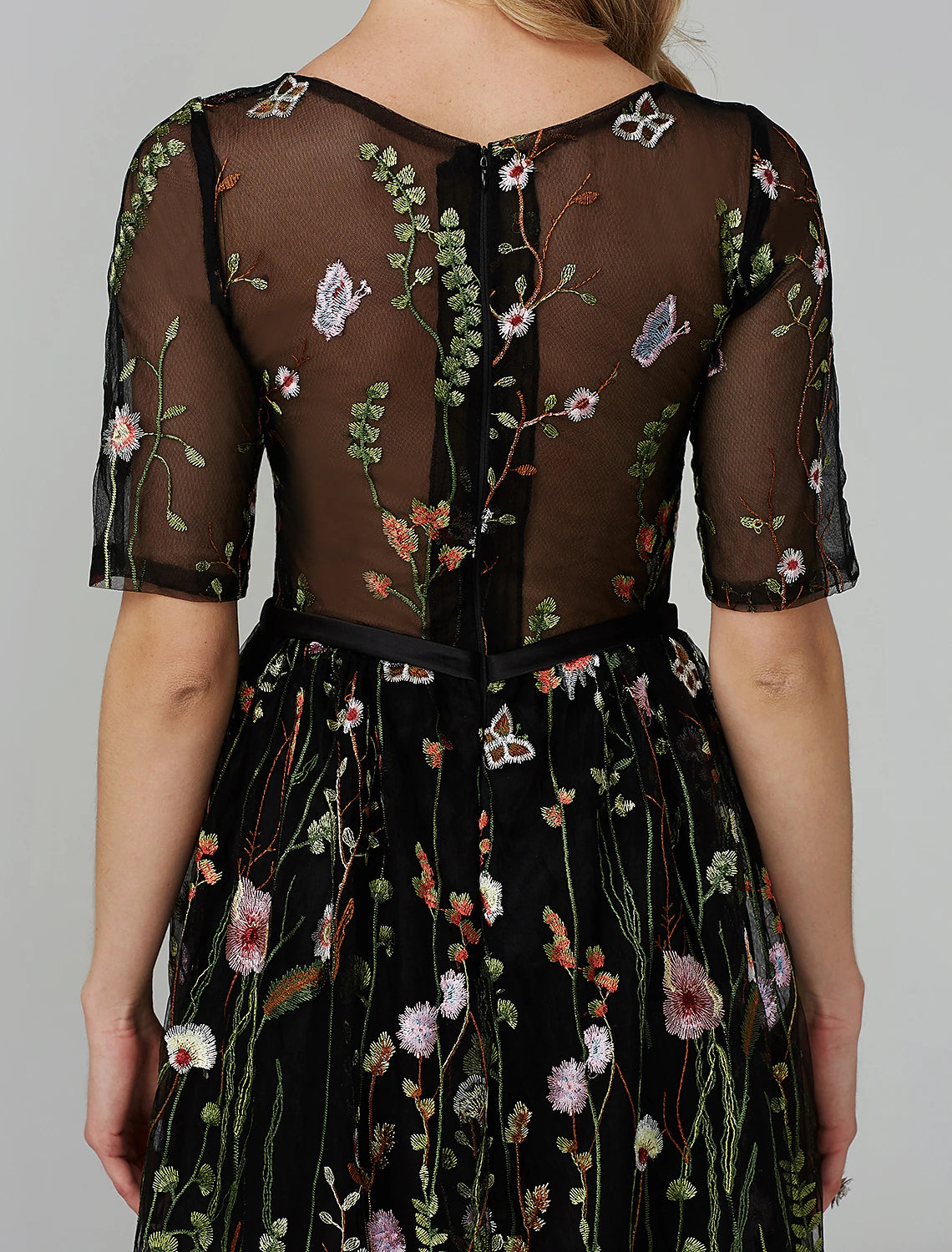 A-Line Party Dress Holiday Tea Length Half Sleeve Illusion Neck Fall Wedding Guest Organza with Embroidery Appliques