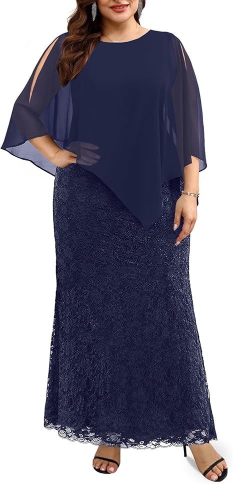 DingJiDress Mother of the Groom / Bride Dresses Plus Size Cape Dress with Chiffon Overlay Gown Lace Long Mermaid Dresses Formal Dresses Wedding Guest Dress