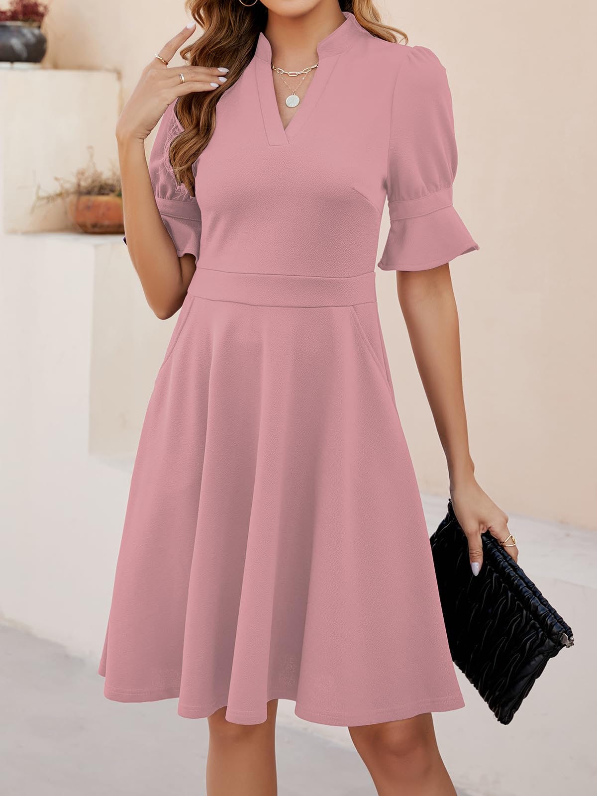 DingJiDress Wedding Guest Dress V Neck Ruffle Short Sleeve Fit and Flare Knee Length Church Wedding Guest Dresses with Pockets Formal Wear Dresses Evening Dress