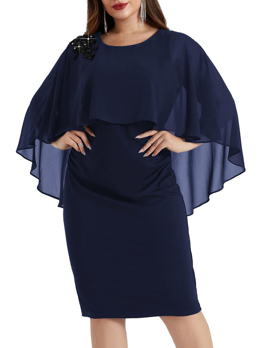 DingJiDress Mother of the Groom / Bride Dresses Women Chiffon Cape Crew Neck Elegant Hand-Beaded Cocktail Bodycon Dresses Formal Dresses Wedding Guest Dress