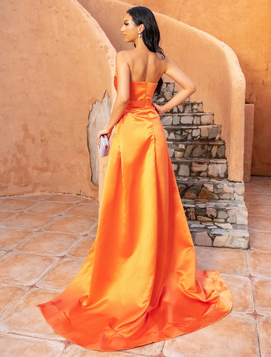 A-Line Evening Gown Celebrity Style Dress Formal Sweep / Brush Train Sleeveless V Neck Satin with Crystals