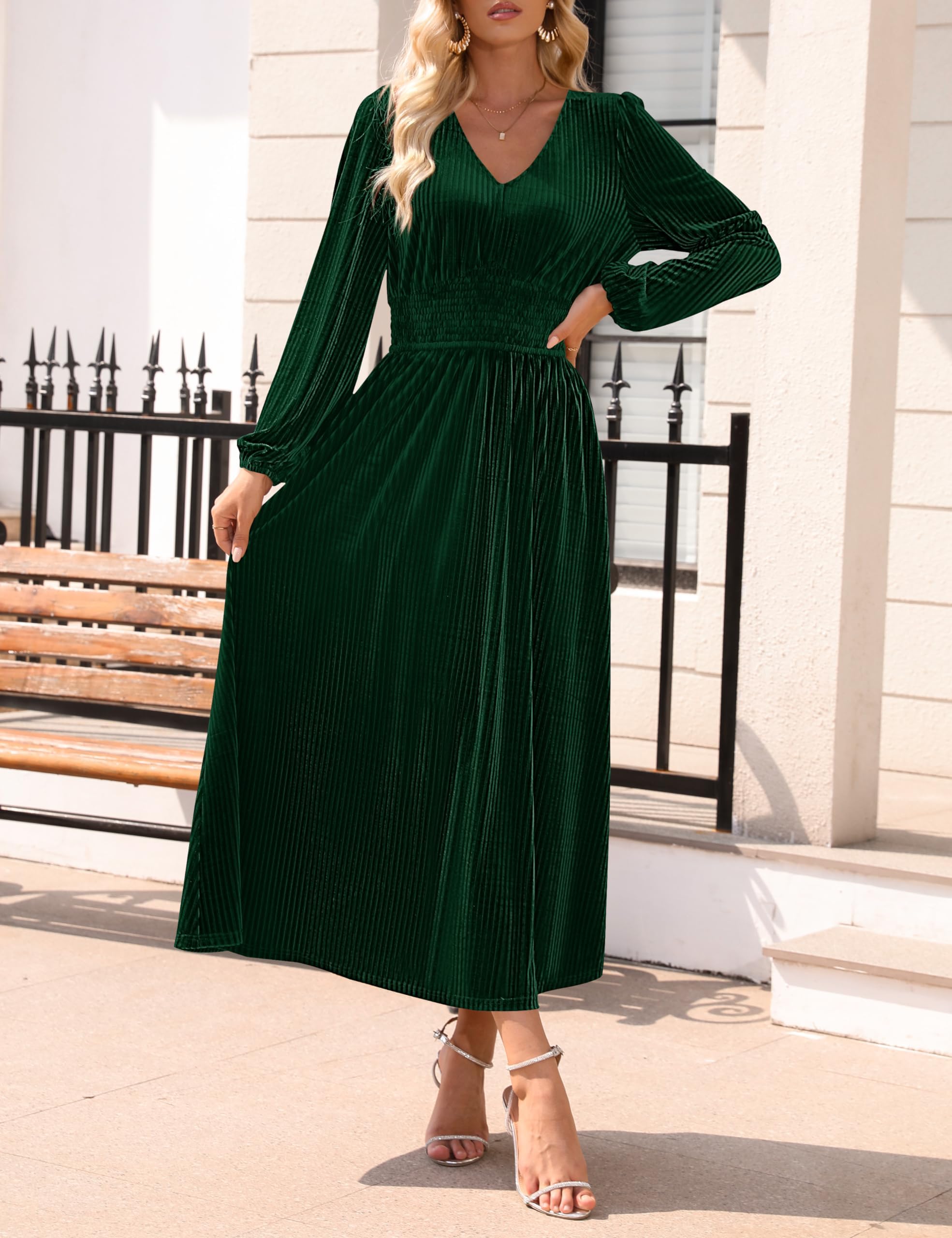 DingJiDress Wedding Guest Dress Women's Velvet Midi Dress Casual V Neck Long Sleeve Solid Color Elastic High Waist Flowy Evening Party Dresses Formal Wear Dresses Evening Dress