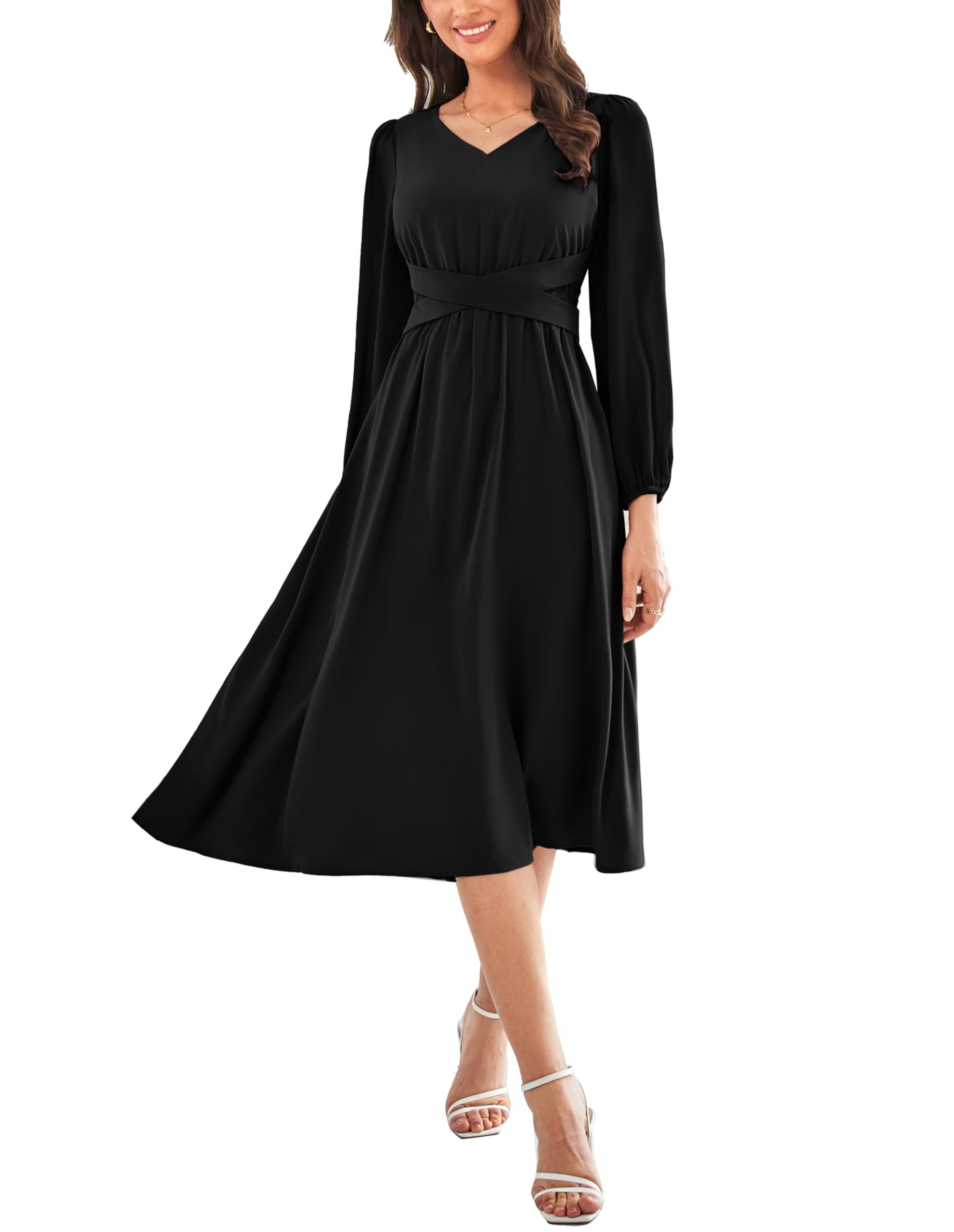 DingJiDress Mother of the Groom / Bride Dresses Women's Chiffon Dresses V Neck Long Sleeve Smocked Waist A-Line Midi Length Formal Dresses Wedding Guest Dress
