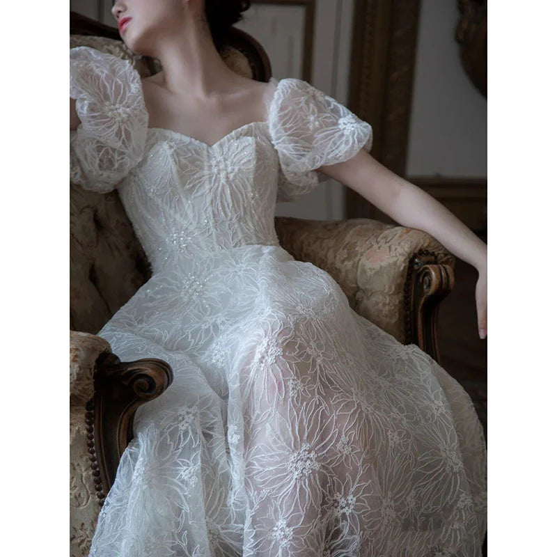 DingJiDress Formal Women's Dresses A Line Tulle Heart-Shaped Collar Short Sleeves Elegant Sweet Wedding Dress