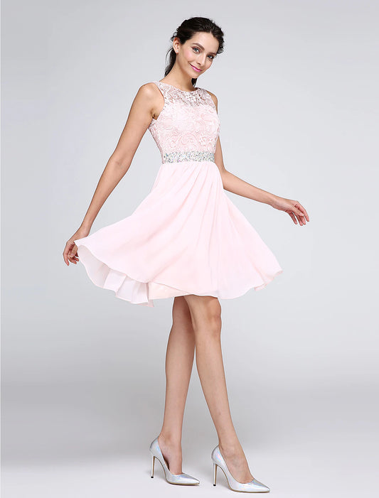 A-Line Special Occasion Dresses Party Dress Homecoming Short / Mini Sleeveless Illusion Neck Pink Dress Chiffon V Back Low Back with Crystals