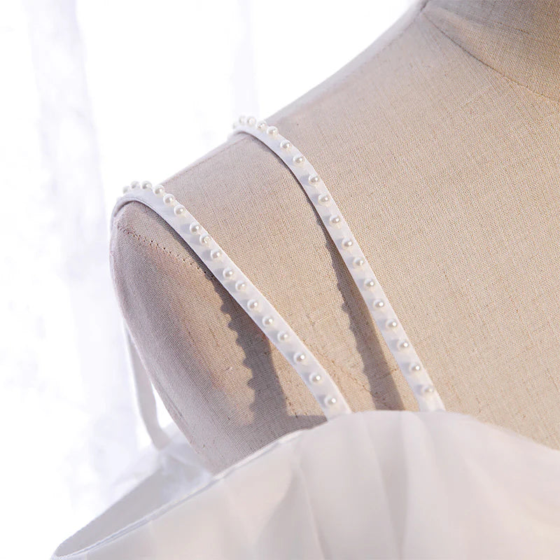 DingJiDress Formal Women's Dresses  A Line Sleeveless Tulle Shoulder Strap Bead String Long Simple Wedding Dress