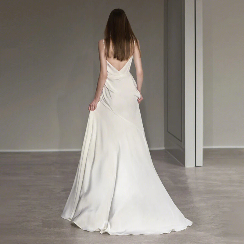 DingJiDress Formal Women's Dresses French Spaghetti Strap V Back Side Fork Simple Long Wedding Dress