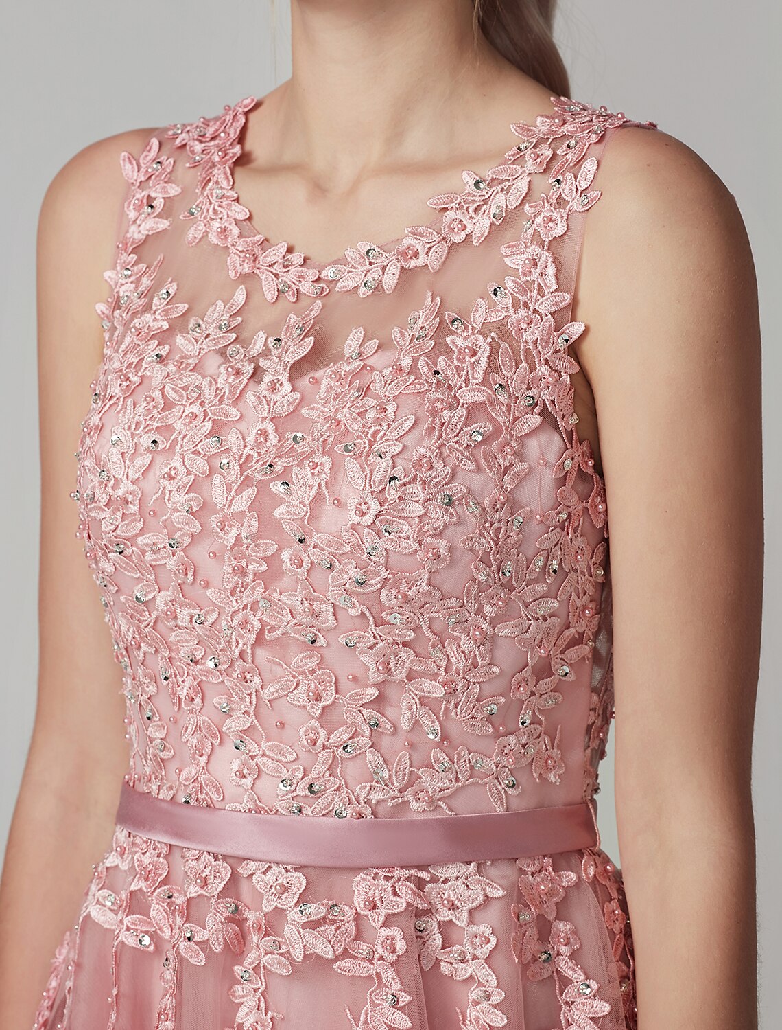 A-Line Cute Dress Cocktail Party Knee Length Sleeveless Illusion Neck Tulle Over Lace with Beading Appliques