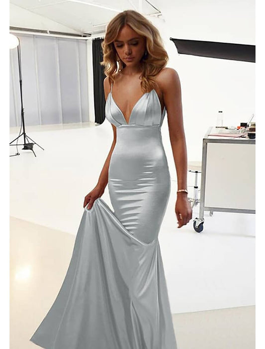 Mermaid / Trumpet Wedding Guest Dresses Sexy Dress Prom Floor Length Sleeveless Spaghetti Strap Cotton Backless with Ruched