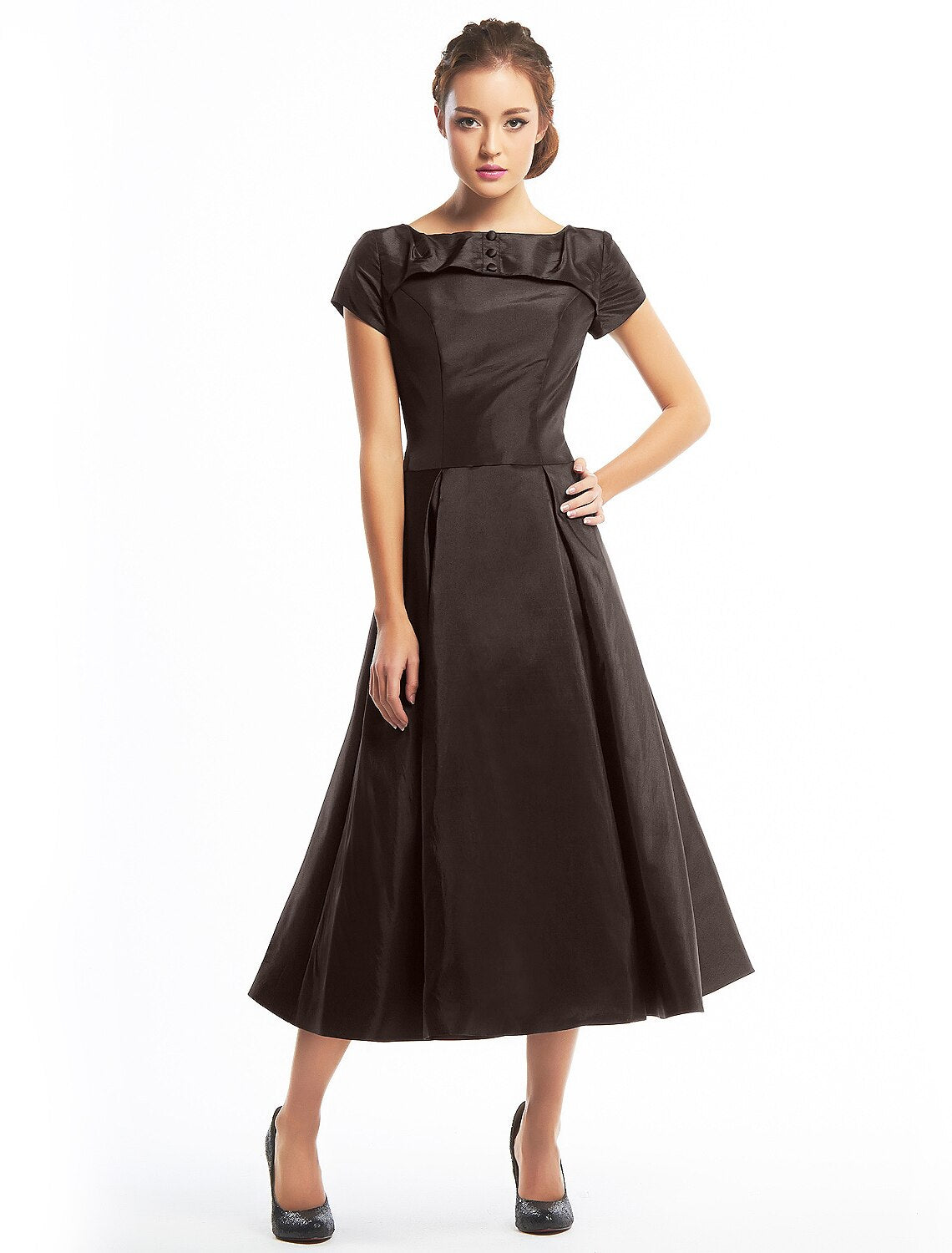 A-Line Vintage Dress Homecoming Tea Length Short Sleeve Boat Neck Taffeta with Buttons