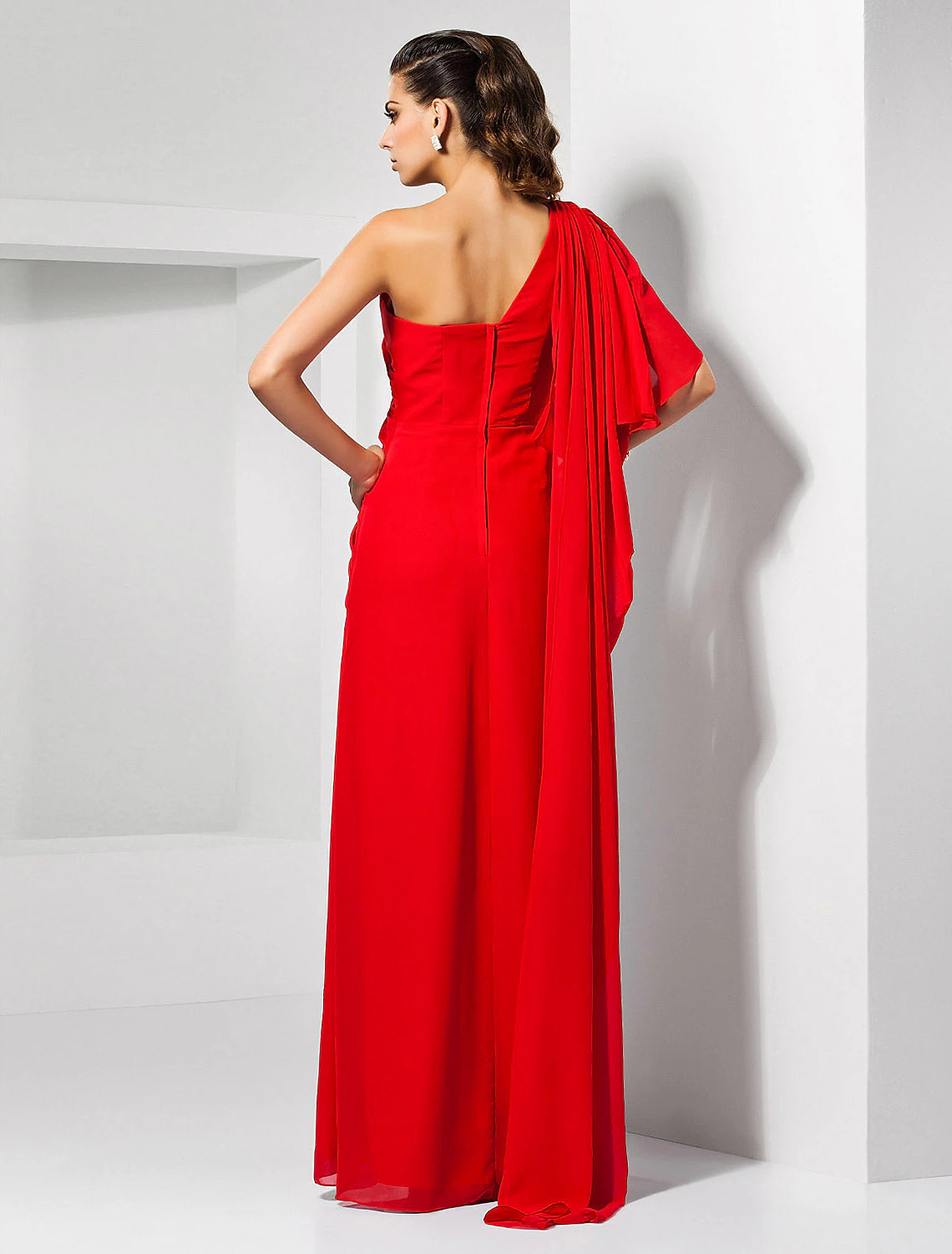 Sheath / Column Empire Wedding Guest Formal Evening Dress One Shoulder Sleeveless Floor Length Chiffon with Draping Slit
