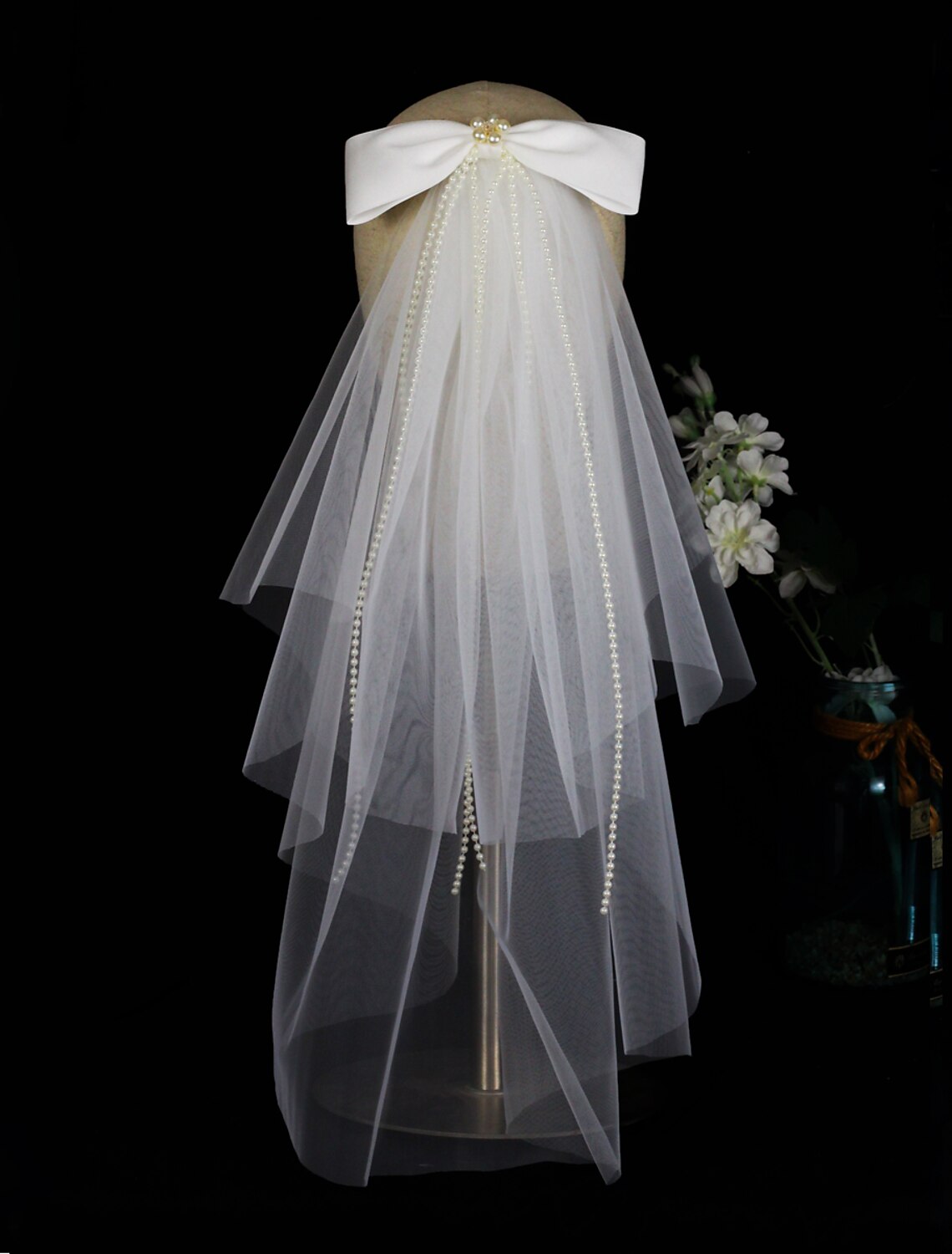 DingJiDress Two-tier Cute Wedding Veil Elbow Veils with Faux Pearl / Satin Bow Tulle