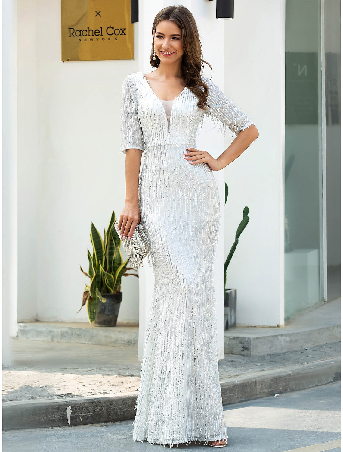 Evening Gown Glittering Dress Engagement Floor Length Half Sleeve V Neck Polyester with Sequin Tassel
