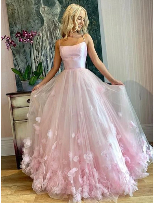A-Line Prom Dresses Floral Dress Performance Floor Length Sleeveless Spaghetti Strap Tulle with Pleats Appliques
