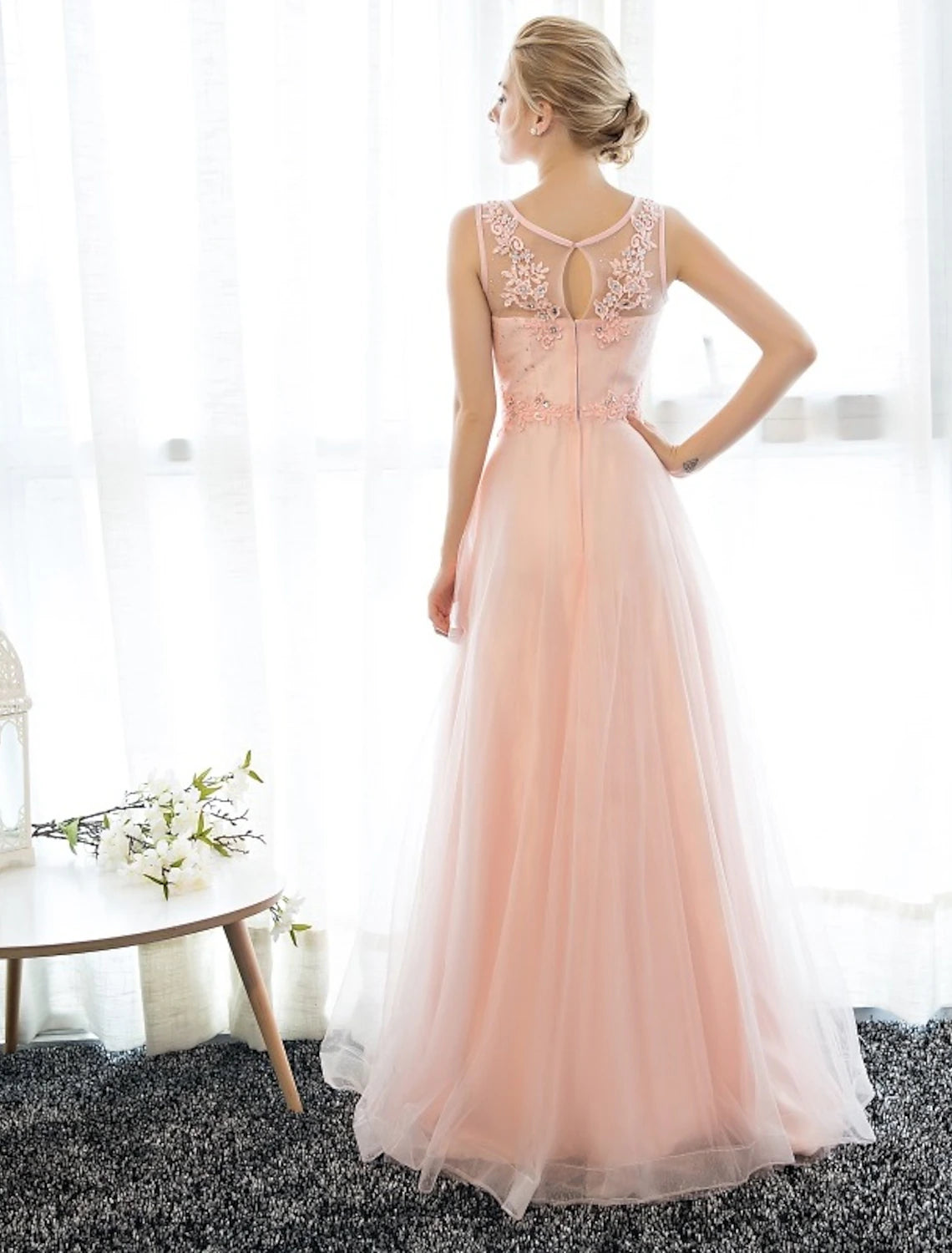 Sheath / Column Dress Wedding Guest Floor Length Sleeveless Illusion Neck Satin with Crystals Appliques