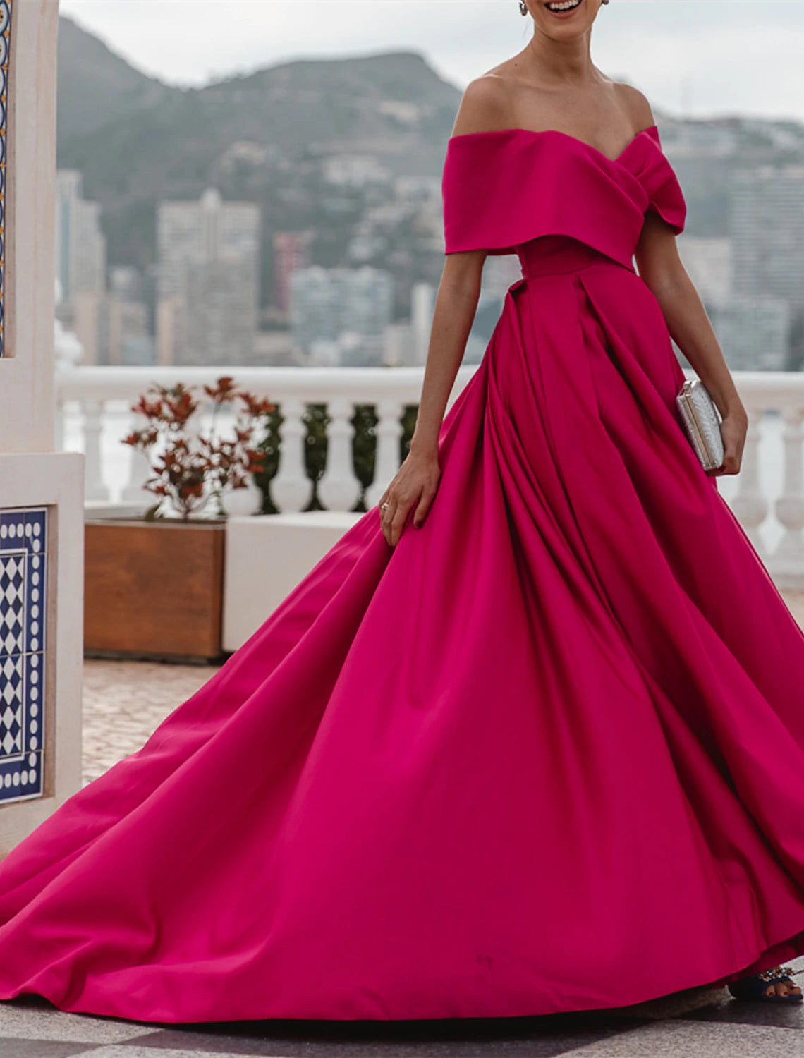 A-Line Evening Gown Party Dress Celebrity Style Dress Formal Wedding Court Train Sleeveless Off Shoulder Bridesmaid Dress Satin with Ruched