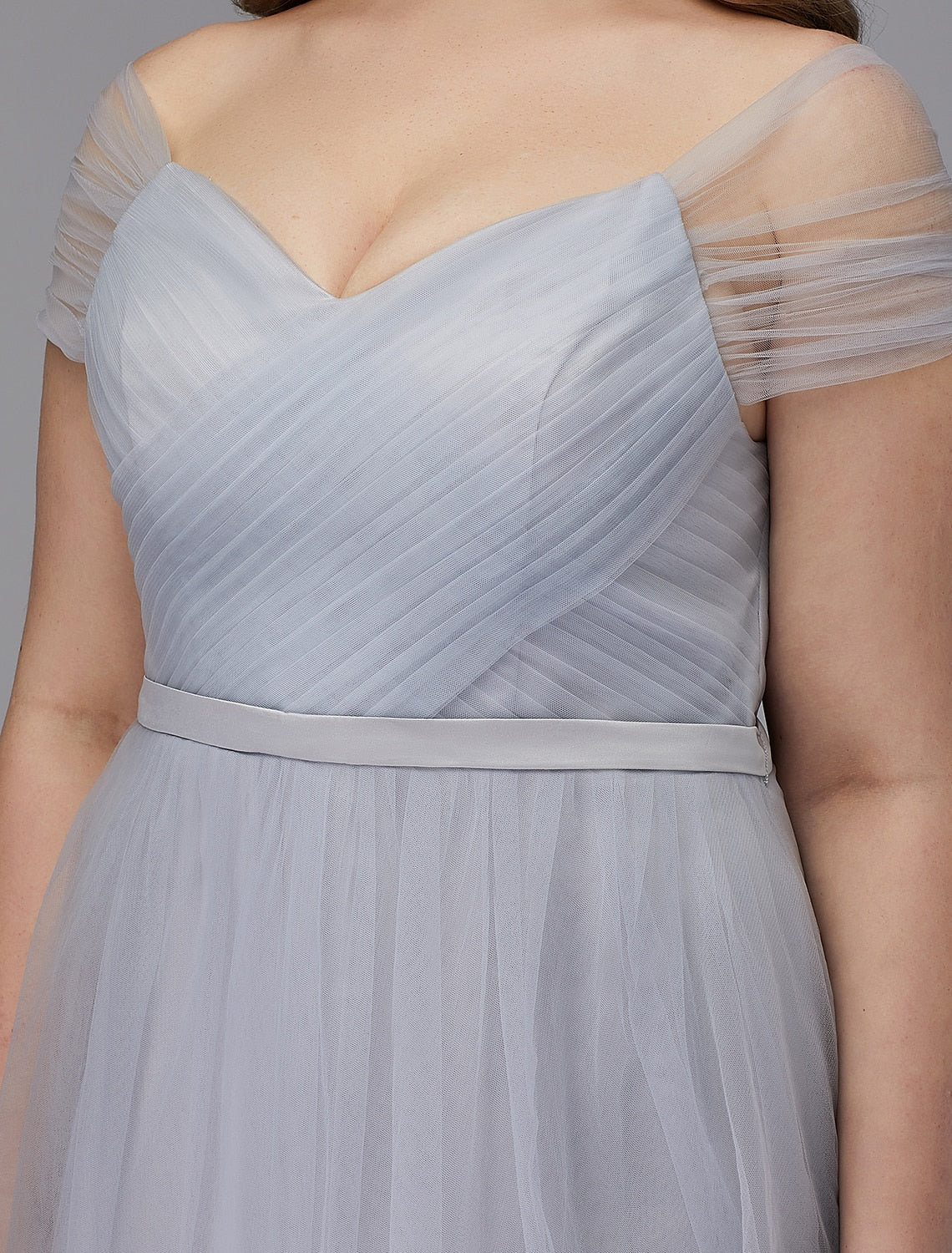 A-Line Elegant Dress Wedding Guest Cocktail Party Tea Length Short Sleeve Off Shoulder Tulle with Sash / Ribbon Criss