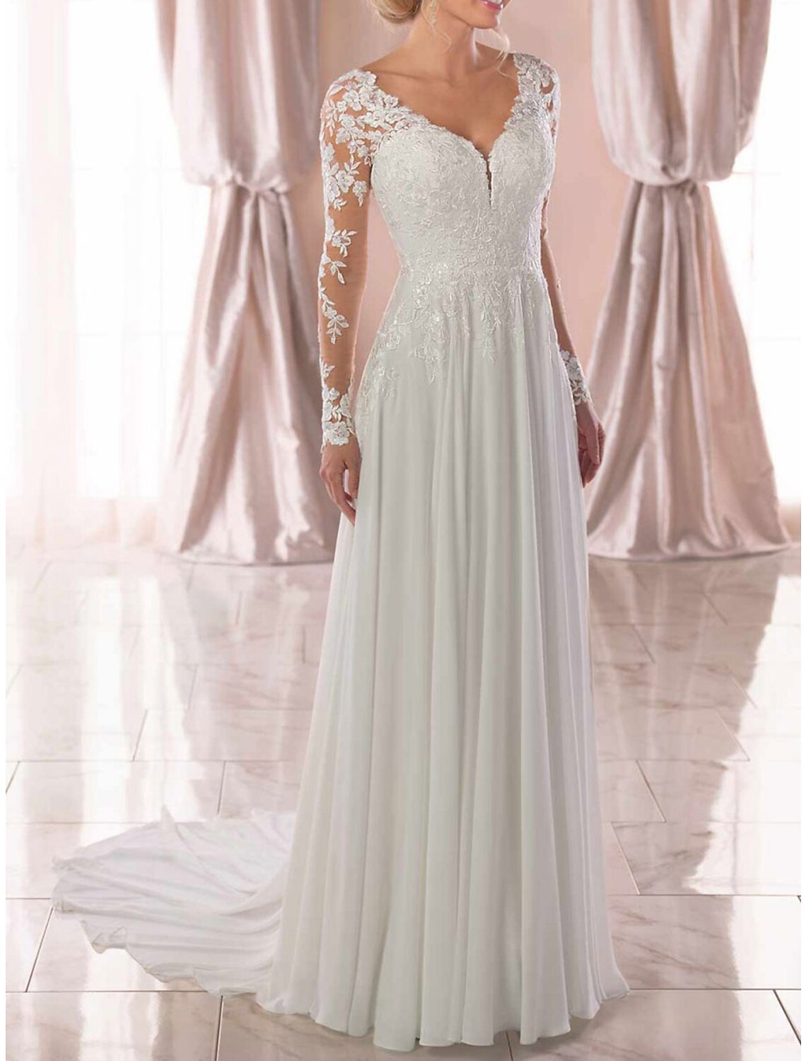 A-Line Prom Dresses Elegant Dress Wedding Guest Wedding Party Sweep / Brush Train Long Sleeve V Neck Chiffon with Appliques