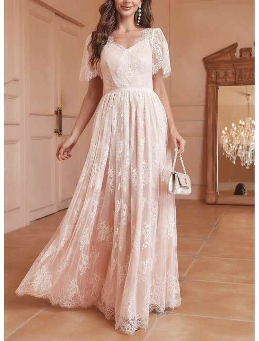 DingJiDress Wedding Dresses A-Line V Neck Short Sleeve Floor Length Lace Bridal Gowns With Pleats