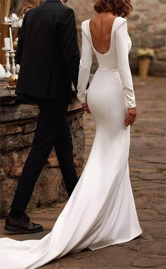 DingJiDress Wedding Dress Long Sleeves Mermaid Satin Square Neck Trailing Formal Women's Dresses