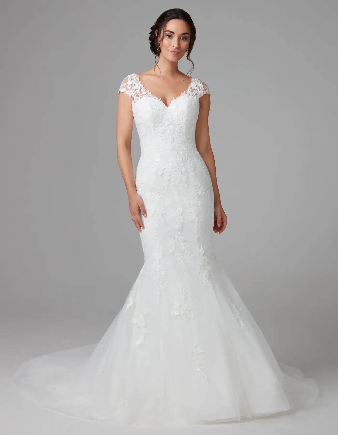 DingJiDress a modern floral lace sheath with cap sleeves