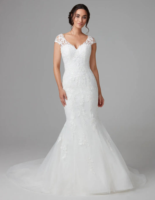 DingJiDress a modern floral lace sheath with cap sleeves