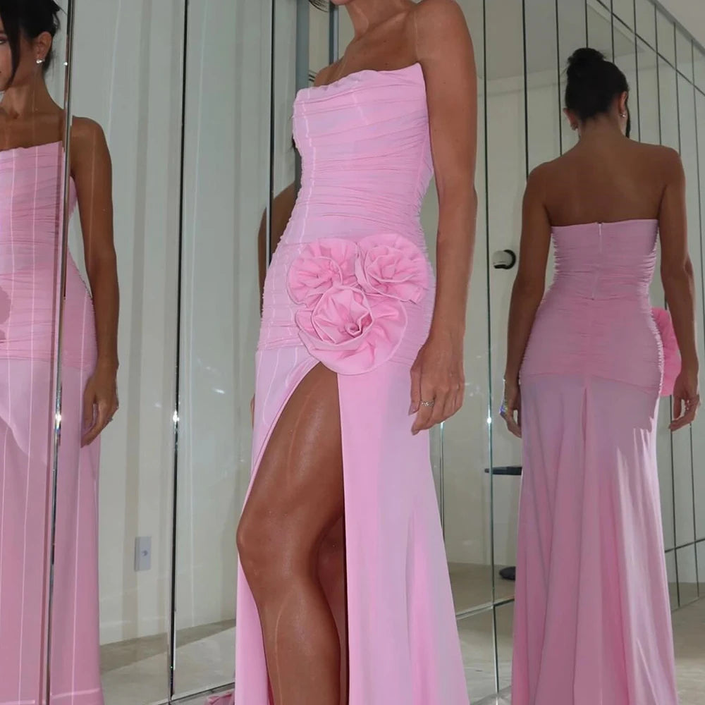 DingJiDress Elegant Strapless Scoop Neck Pleated Flower with Slit Exquisite Prom Dress