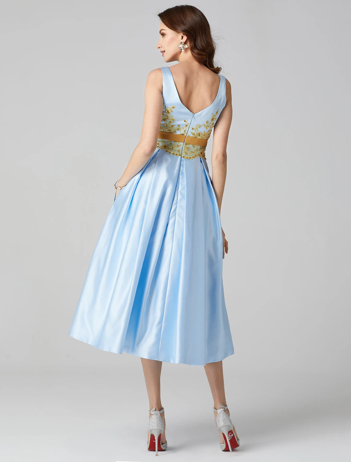 A-Line Cocktail Dresses Party Dress Wedding Guest Tea Length Sleeveless Jewel Neck Satin V Back with Pleats Appliques