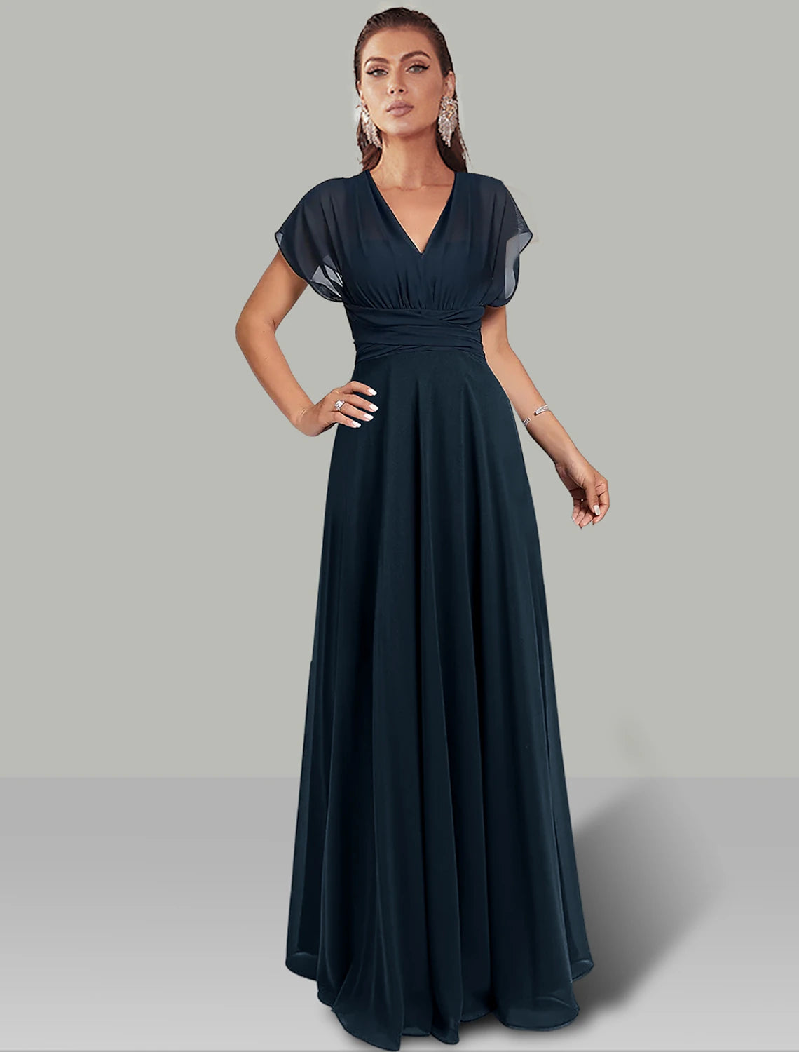 A-Line Wedding Guest Dresses Infinity Dress Wedding Party Floor Length Short Sleeve Halter Convertible Chiffon with Ruched